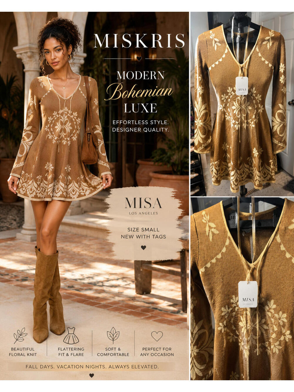 MISA Los Angeles Floral Knit Mini Dress Size Small Brown Ivory Long Sleeve Boho